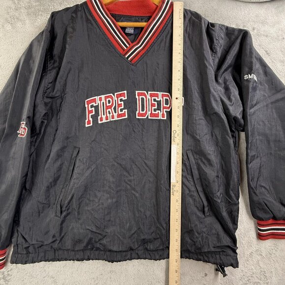 Fire Dept Pullover Jacket Mens Medium Black V Neck Windbreaker Lined Embroidered - Picture 8 of 16